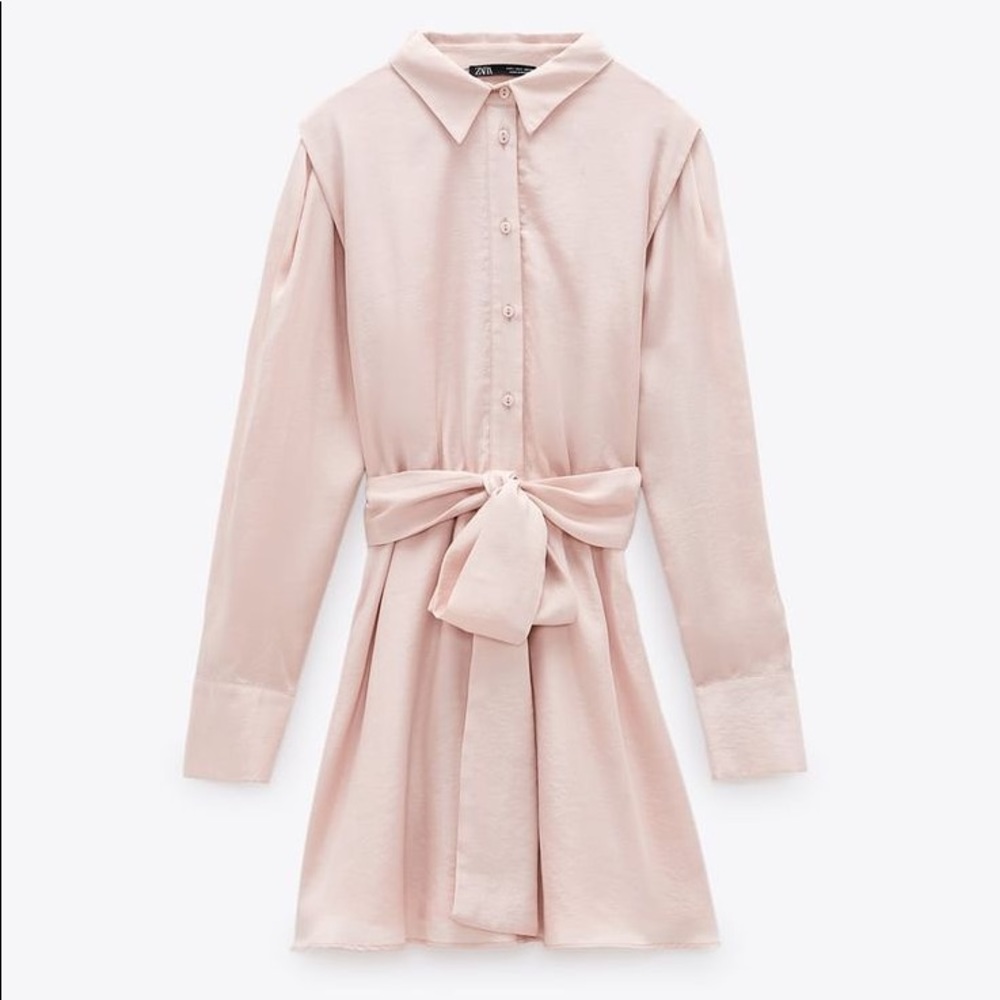Zara Satin Tie Waist Long Sleeve Mini Dress